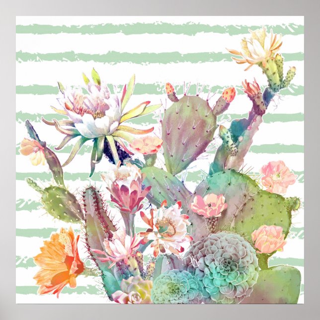 Aquarellkaktus, Blumenmuster und Streifen Poster (Vorne)