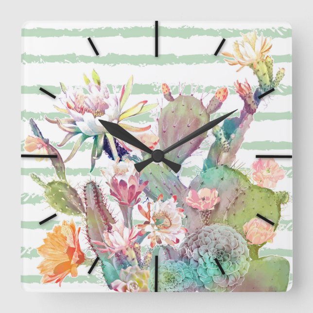 Aquarellkaktus, Blumenmuster und Streifen Quadratische Wanduhr (Vorderseite)