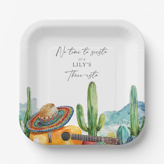 Aquarellkaktus Fiesta 3. Geburtstags-Party Pappteller (Vorderseite)