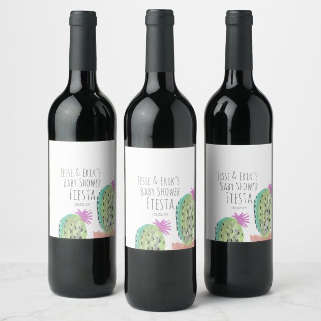 Aquarellkaktus Pflanze Handgemalte Kinderdusche Weinetikett (Flaschen)
