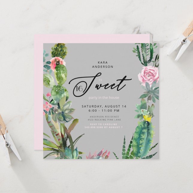 Aquarellkaktus Pink & Gray Sweet 16 Geburtstag Einladung (Vorderseite/Rückseite Beispiel)