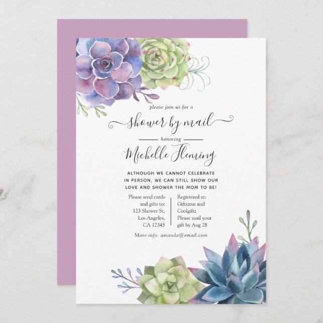 Aquarellkaktus Succulents Kinderdusche per Mail Einladung (Vorne/Hinten)