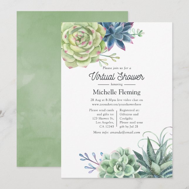 Aquarellkaktus Succulents Virtual Baby Shower Einladung (Vorne/Hinten)