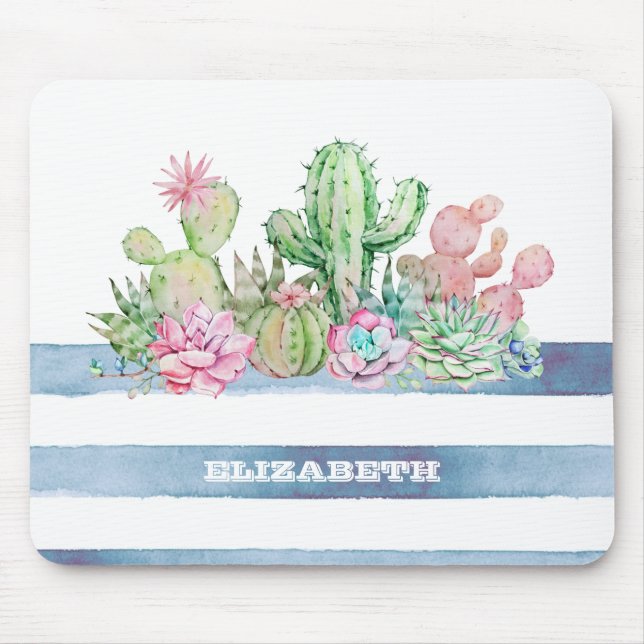 Aquarellkaktus Sukkulente Blume Streifen Mousepad (Vorne)