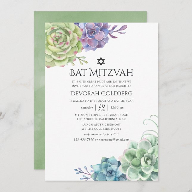 Aquarellkaktus Sukkulents Bat Mitzvah Einladung (Vorne/Hinten)