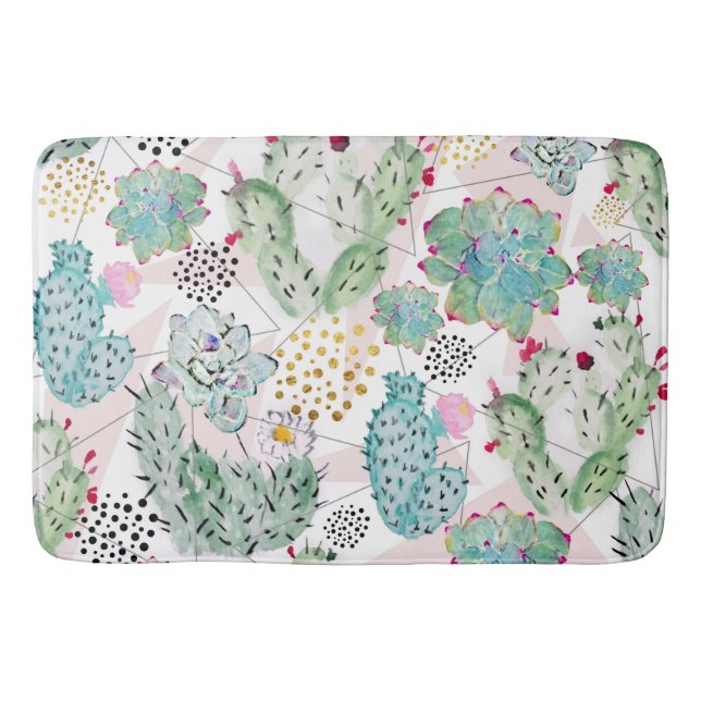 Aquarellkaktus und Dreiecksmuster Badematte (Vorderseite)