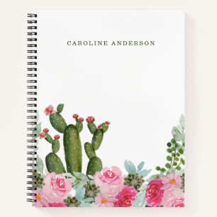 Aquarellkaktus und rosa Blume Personalisiert  Notizbuch