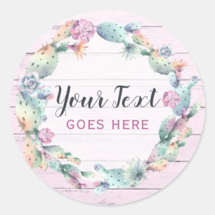 Aquarellkaktus und rustikales Holz Bohemisch Runder Aufkleber