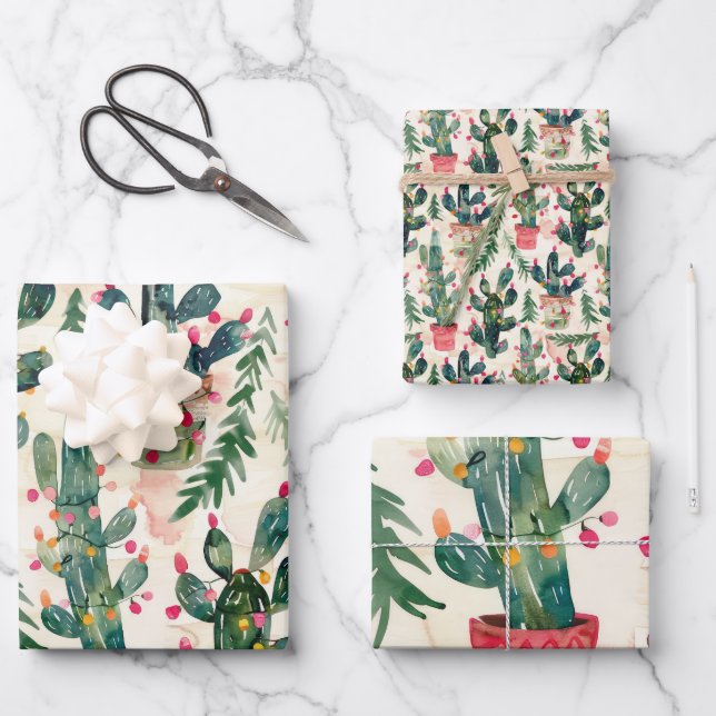 Aquarellkaktus Weihnachtslichter zum Geschenk Geschenkpapier Set (Vorderseite)
