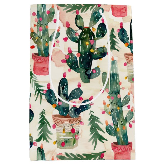 Aquarellkaktus Weihnachtslichter zum Geschenk Mittlere Geschenktüte (Vorderseite)