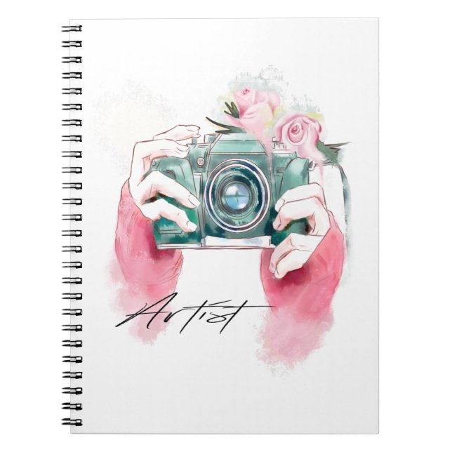 Aquarellkamera mit rosa Notebook Notizblock (Vorderseite)
