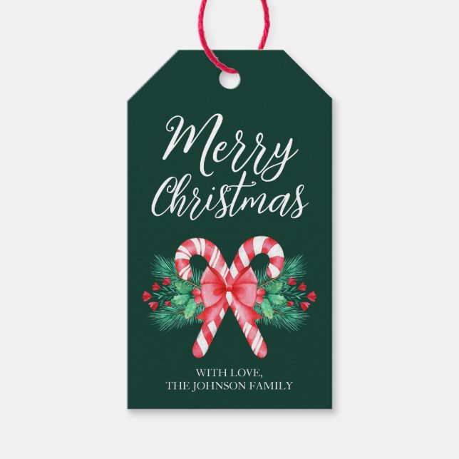 Aquarellkandy Canes und Red Bow Weihnachten Geschenkanhänger (Vorderseite)