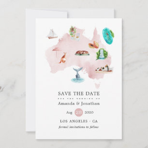 Aquarellkarte der Australien-Hochzeitsdestination Save The Date