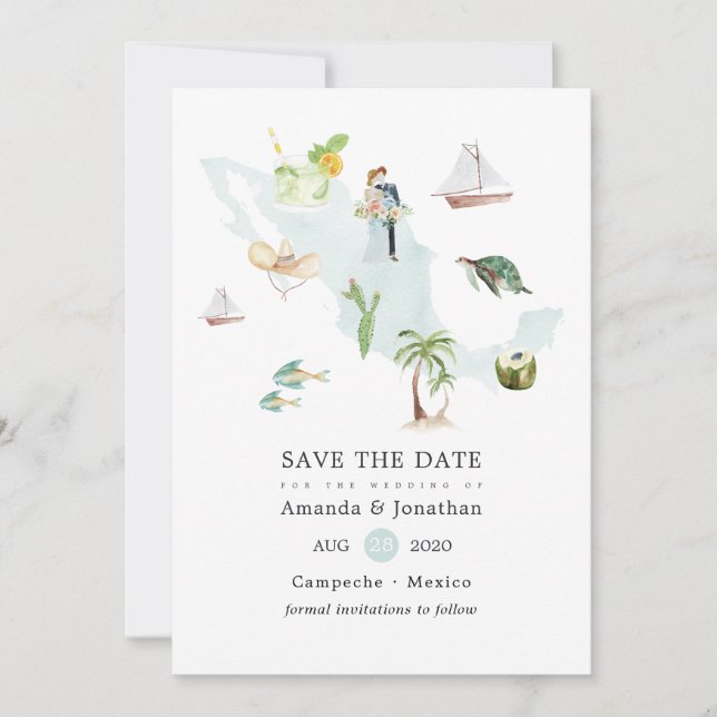 Aquarellkarte der mexikanischen Hochzeit in Urlaub Save The Date (Vorderseite)
