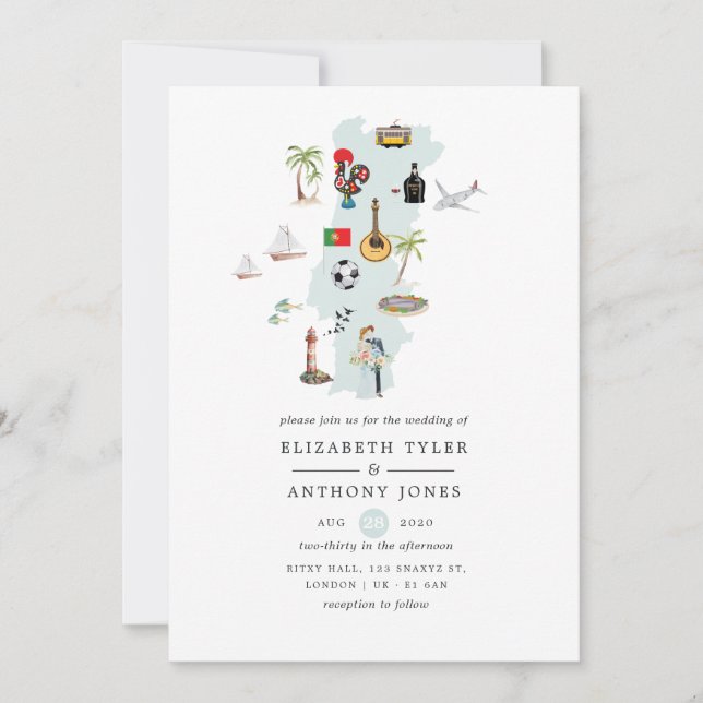 Aquarellkarte der portugiesischen Hochzeit in Urla Einladung (Vorderseite)