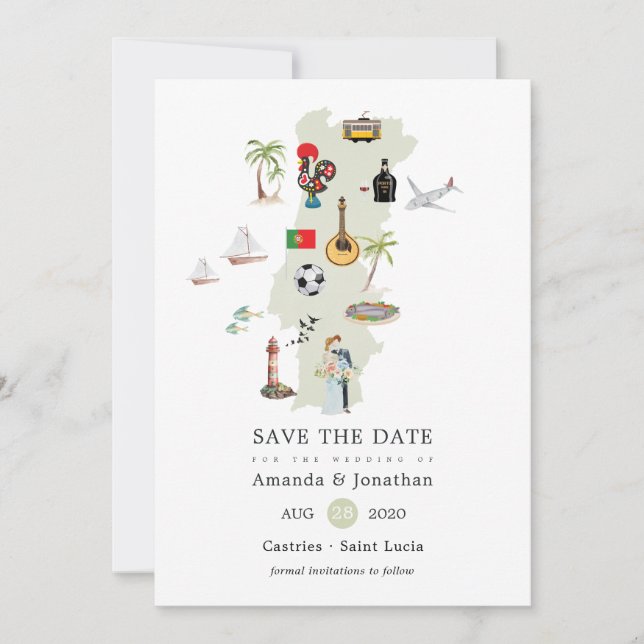Aquarellkarte der portugiesischen Hochzeit in Urla Save The Date (Vorderseite)