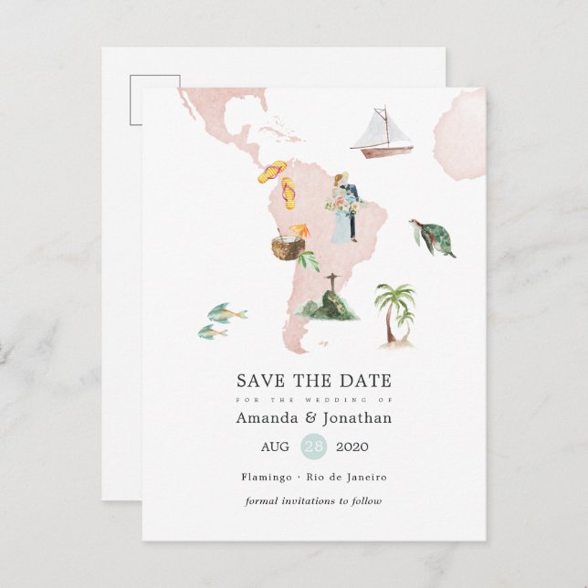 Aquarellkarte der Rio-Hochzeit in Urlaubsort kündi Ankündigungspostkarte (Vorne/Hinten)