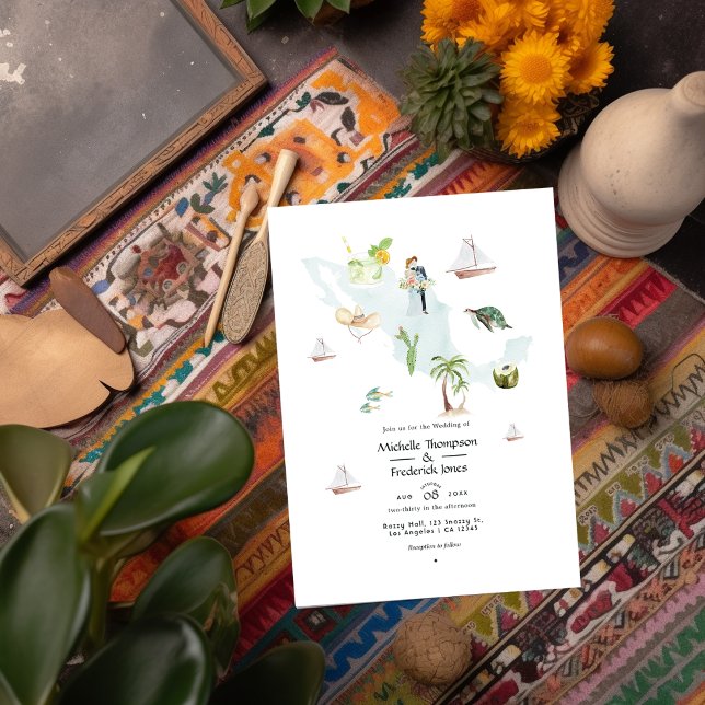 Aquarellkarte von Mexiko Hochzeit in Urlaubsort Fo Einladung (Von Creator hochgeladen)