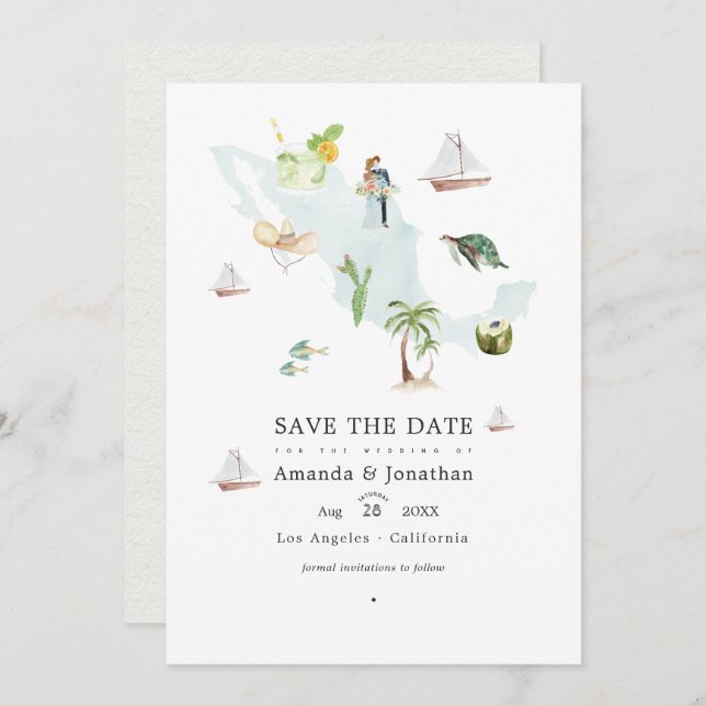 Aquarellkarte von Mexiko Hochzeit in Urlaubsort Fo Save The Date (Vorne/Hinten)