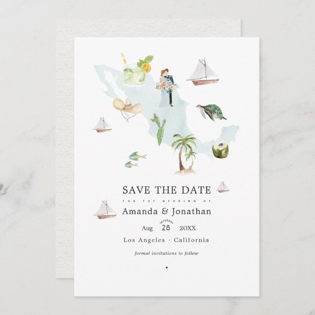 Aquarellkarte von Mexiko Hochzeit in Urlaubsort Fo Save The Date (Vorne/Hinten)