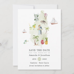 Aquarellkarte von Saint Lucia Hochzeit in Urlaubso Save The Date