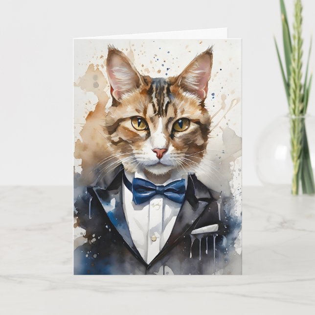 Aquarellkarton Tuxedo und Blauer Bow Krawatte Leer Karte (Vorderseite)