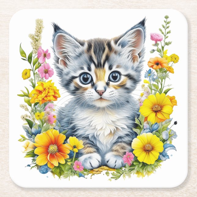 Aquarellkätzchen in Gelb und Rosa Blume Rechteckiger Pappuntersetzer (Vorderseite)