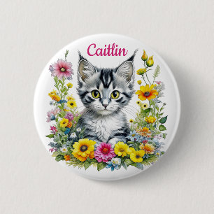Aquarellkätzchen in gelben Blumen Personalisiert Button