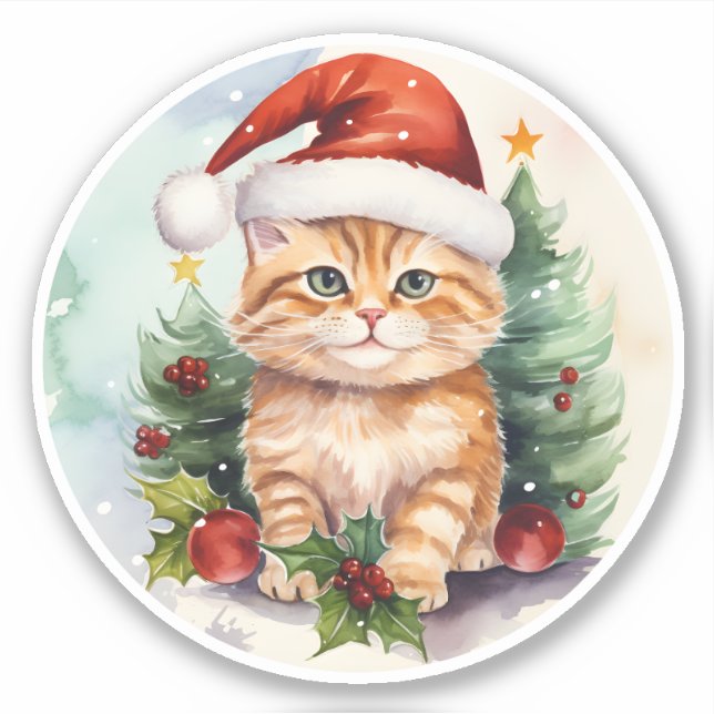 Aquarellkatze, Holly Berries und Weihnachtsbaum Aufkleber (Vorderseite)