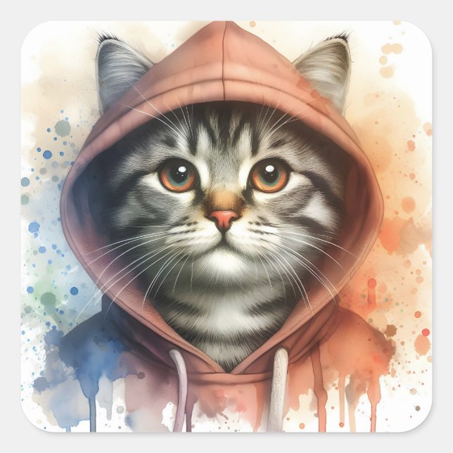 Aquarellkatze im farbenfrohen Hoodie Splash Art Quadratischer Aufkleber (Vorderseite)