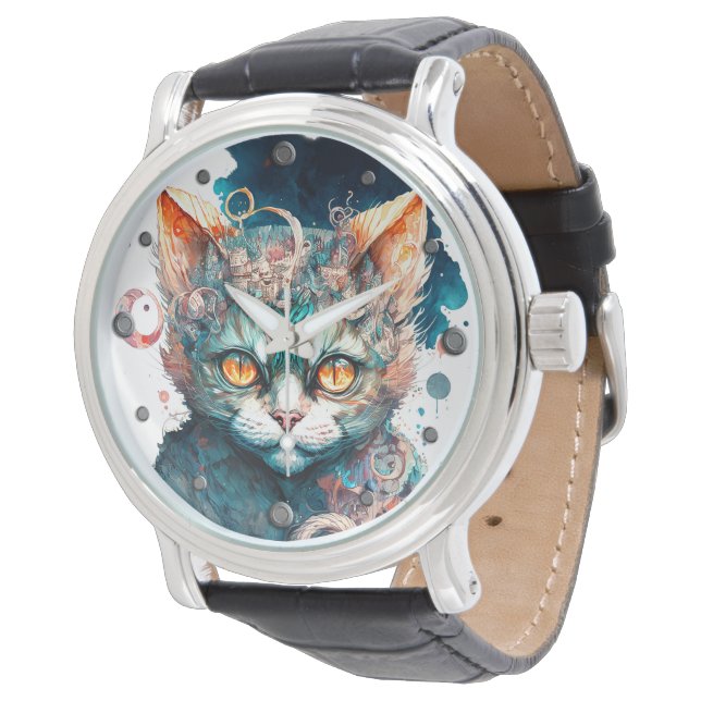 Aquarellkatze im Steampunkstil Armbanduhr (Schrägansicht)