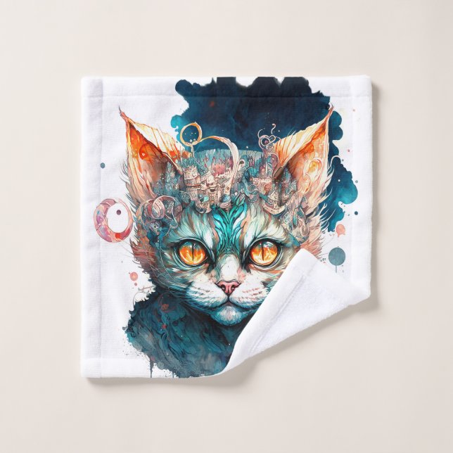 Aquarellkatze im Steampunkstil Badhandtuch Set (Waschlappen)