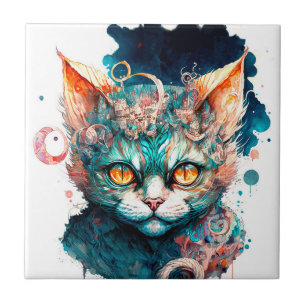 Aquarellkatze im Steampunkstil Fliese