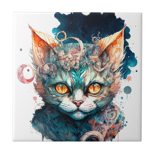 Aquarellkatze im Steampunkstil Fliese (Vorderseite)