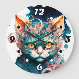 Aquarellkatze im Steampunkstil Große Wanduhr