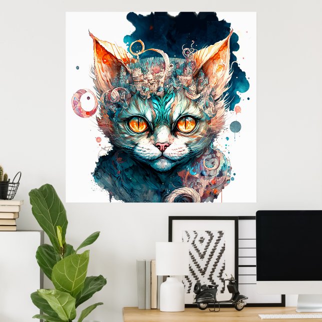 Aquarellkatze im Steampunkstil Poster (Heimbüro)