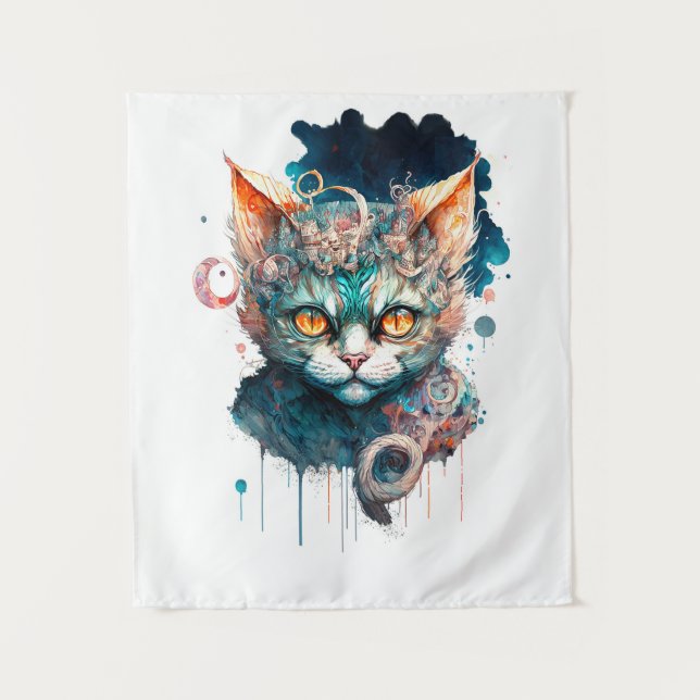 Aquarellkatze im Steampunkstil Wandteppich (Vorderseite)