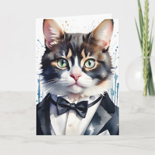 Aquarellkatze in einer Tuxedo- und Black Bow-Krawa Karte
