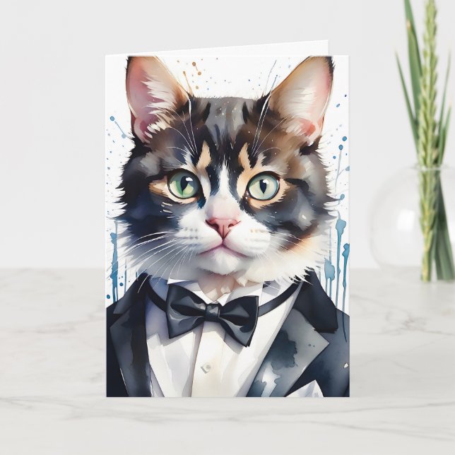 Aquarellkatze in einer Tuxedo- und Black Bow-Krawa Karte (Vorderseite)