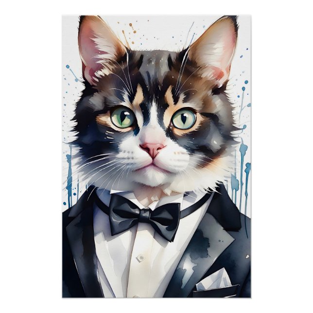 Aquarellkatze in einer Tuxedo- und Black Bow-Krawa Poster (Vorderseite)