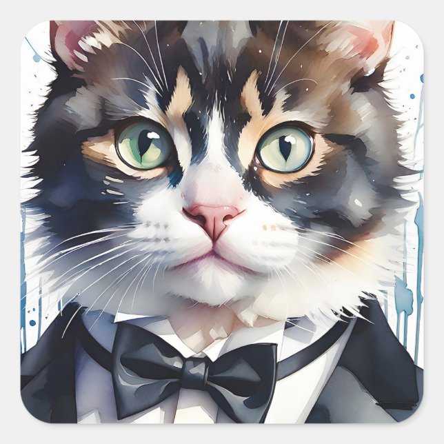 Aquarellkatze in einer Tuxedo- und Black Bow-Krawa Quadratischer Aufkleber (Vorderseite)