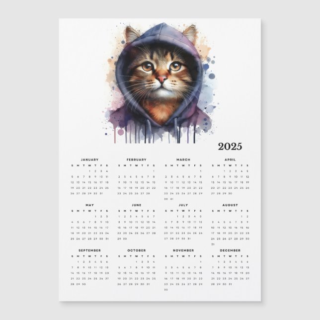 Aquarellkatze in Hoodie Splash Art 2025 Kalender Magnetkarte (Vorderseite)