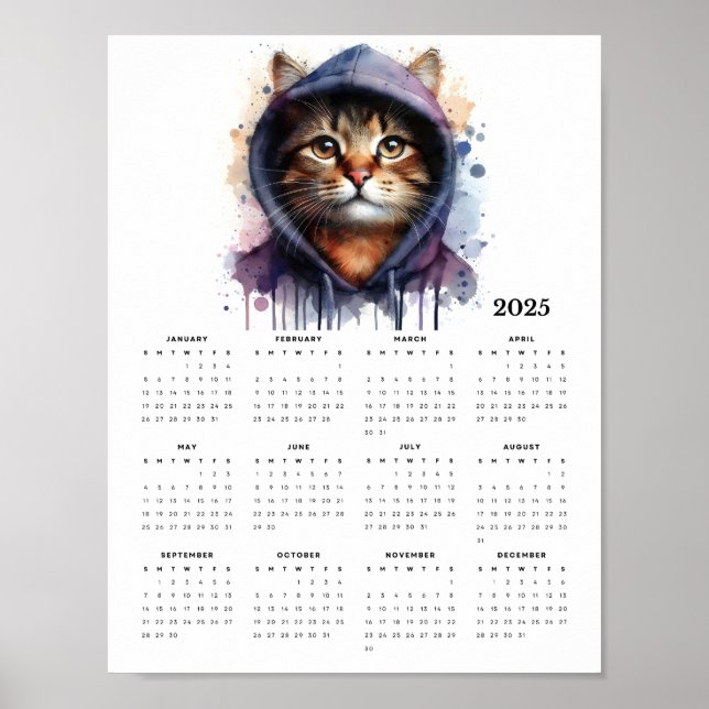 Aquarellkatze in Hoodie Splash Art 2025 Kalender Poster (Vorne)