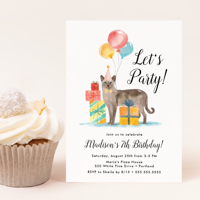 Aquarellkatze mit Balloons Kindergeburtstag Party Einladung (Von Creator hochgeladen)