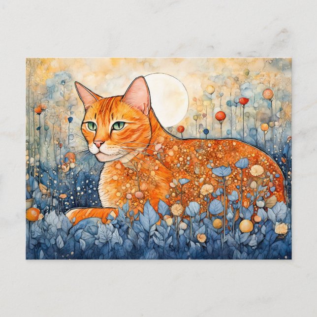 Aquarellkatze Orangefarbene Katze Entspannen in Bl Postkarte (Vorderseite)