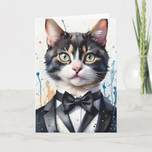 Aquarellkatze Tuxedo Vest Black Bow Krawatte Karte
