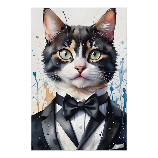 Aquarellkatze Tuxedo Vest Black Bow Krawatte Poster (Vorderseite)