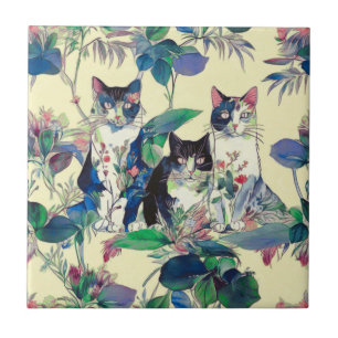 Aquarellkatzen in einem Garten Fliese
