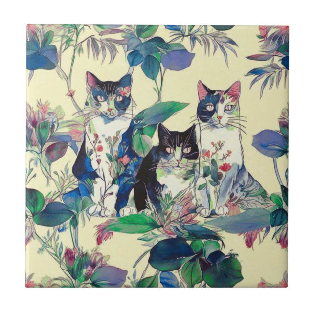 Aquarellkatzen in einem Garten Fliese (Vorderseite)