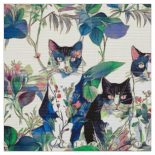 Aquarellkatzen in einem Garten Stoff